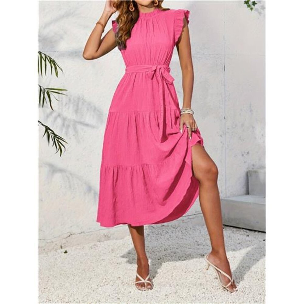 Frill Mock Neck Ruffled Cap Sleeve Midi Dress - Picture 11 of 15